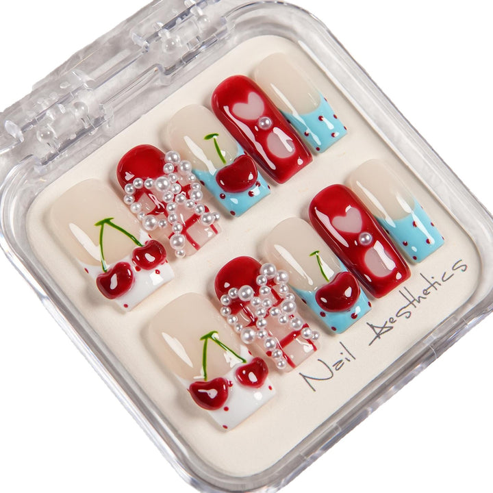Künstlerisches Press-On-Nagelset mit Kirschdesign
