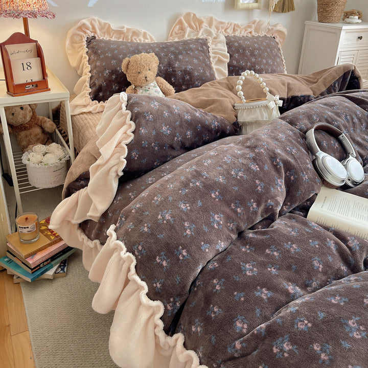 Rüsch-Plüsch Wendbare Bettwäsche Set mit Cartoon-Hase Druck und Flanell Kissenbezügen
