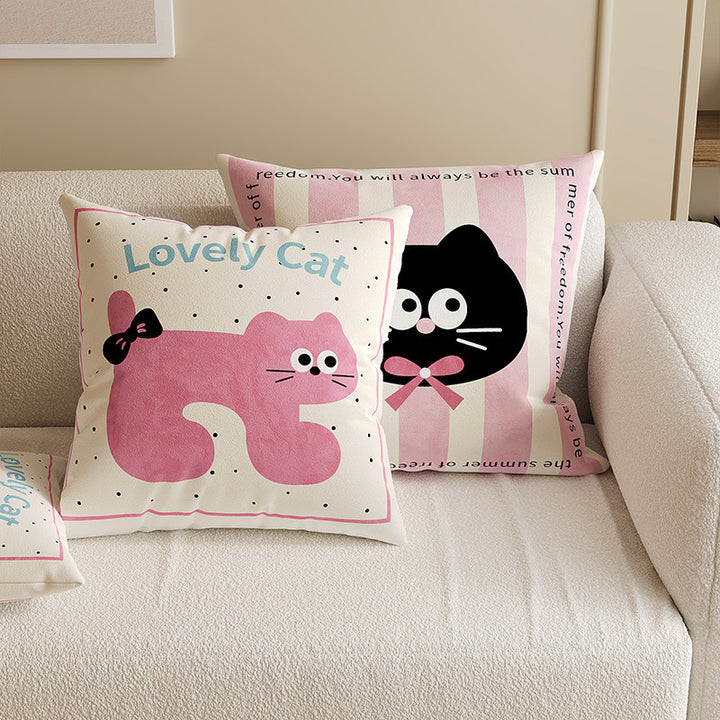 Square Decorative Throw Pillow Cover with Cute Cartoon Cat Illustration and Vertical Pink Stripe Linen-Blend