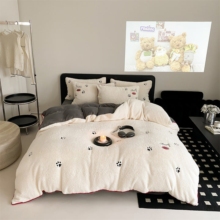 Plüsch Bestickte Bow Wendebettwäsche Set mit Sherpa Rückseite & Oxford Kissenbezügen