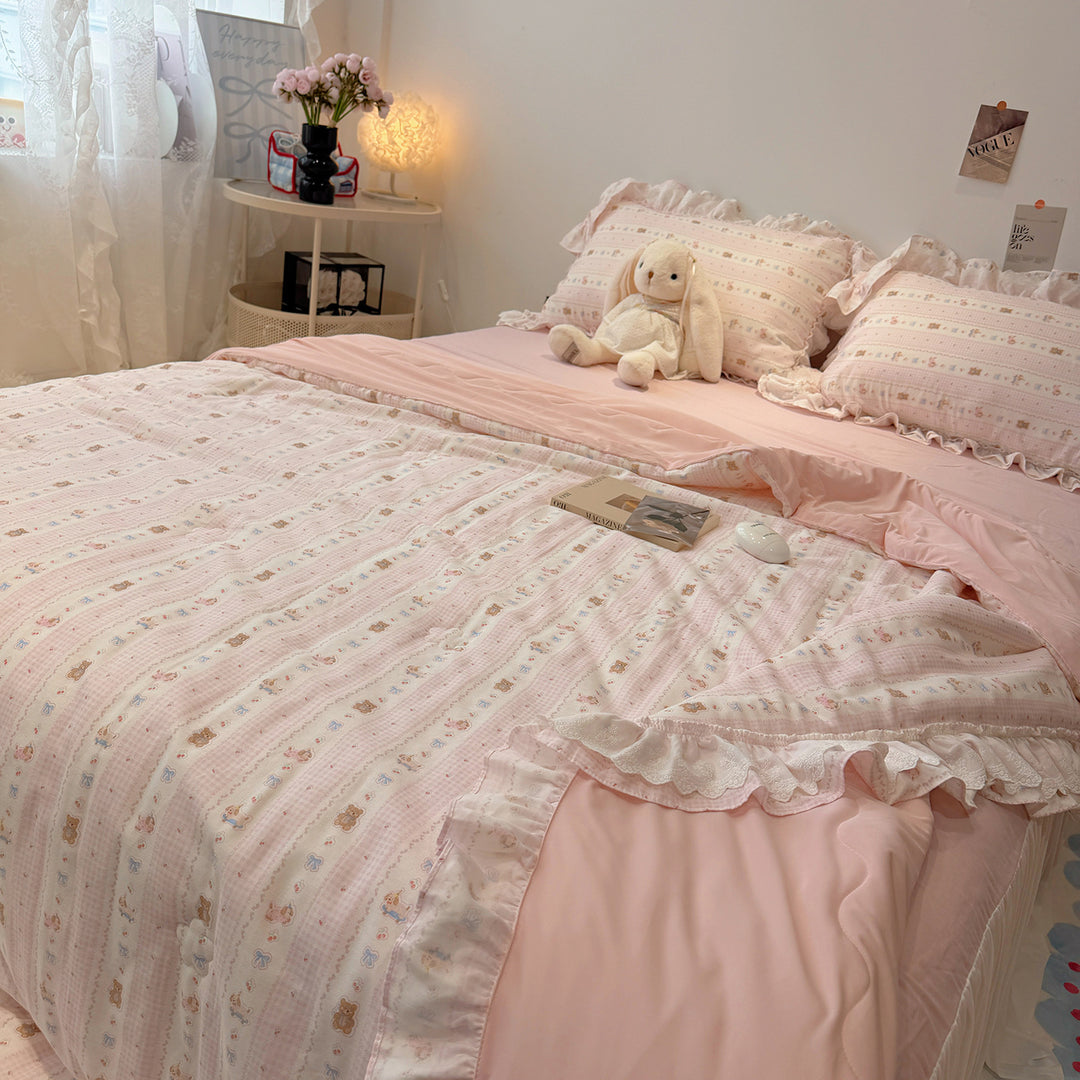 Patchwork-Bettwäscheset aus Baumwoll-Musselin mit Rüschen und leichter Steppdecke