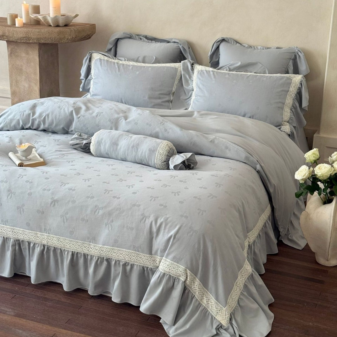 Leinen-Mischung Jacquard Floral Bettbezug Set mit Rüschensaum und dekorativem Bolster