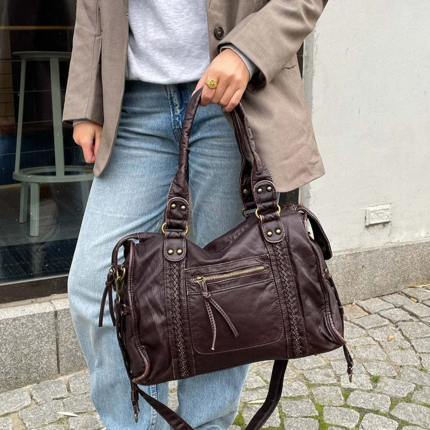 Damen Schultertasche PU-Leder geräumig mit Laptopfach und verstellbarem Schulterriemen | Karnz