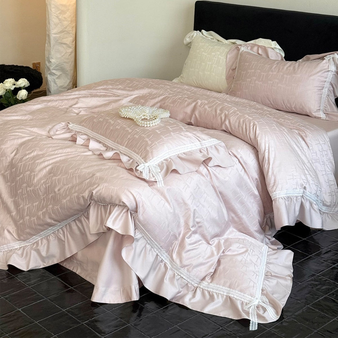 Rüsch-Jacquard-Schleifenmuster-Satin-Bettbezug-Set mit Spitzenbesatz und Kissenbezügen