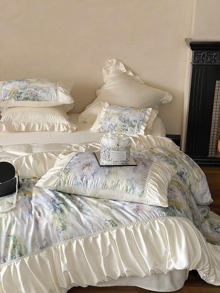 Luxuriöses Satin-Bettwäsche-Set mit Rüschen und Aquarellblumenmuster
