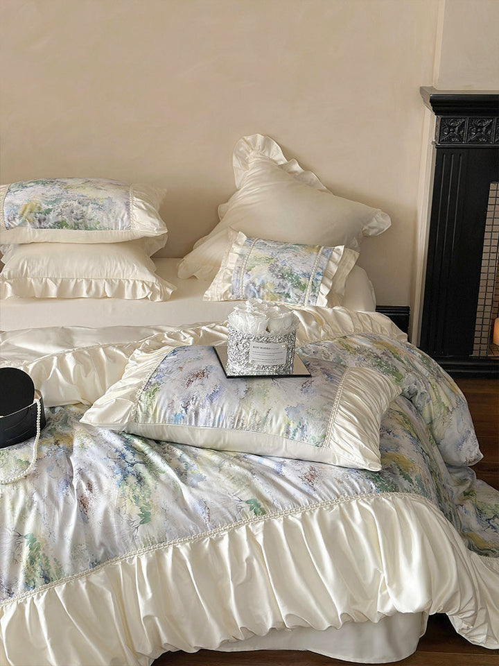 Luxuriöses Satin-Bettwäsche-Set mit Rüschen und Aquarellblumenmuster