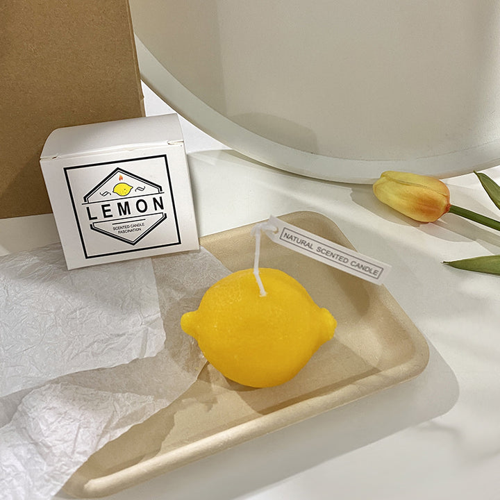 Handgegossene realistische Zitronen-förmige Duft-Soyakerze mit Baumwolldocht & Geschenkbox