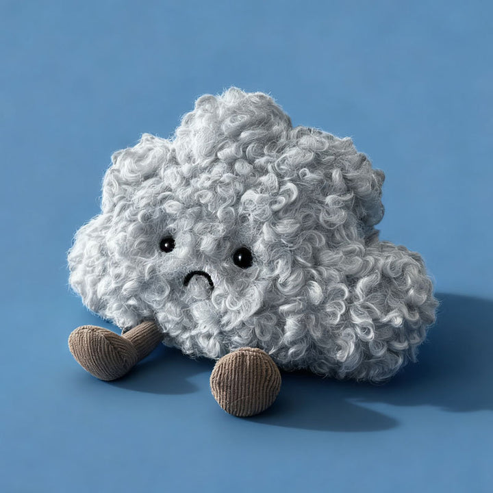 Curly Faux-Fur Traurige Wolken Plüschkissen mit Cord-Beinen und gesticktem Gesicht Karnz