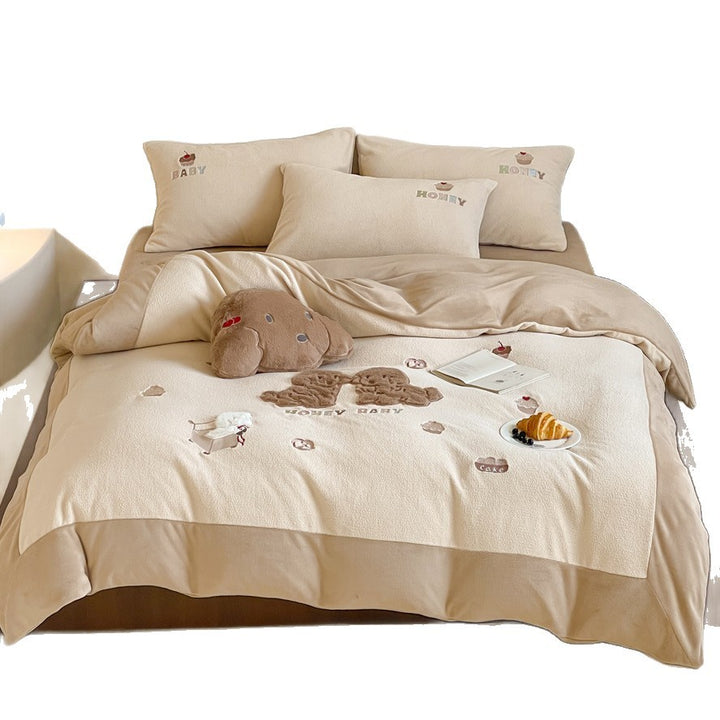 Plüsch bestickter wendbarer Bettbezug Bettwäsche Set mit Applikation Teddy Kissenbezüge
