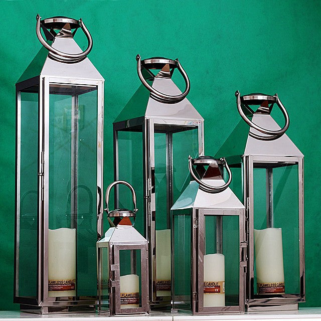 Edelstahl Glas Hurrikan Laterne Set mit schwenkbarem Tür und Tragegriff oben Karnz