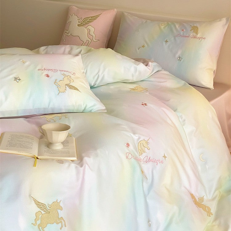Kinder-Bettwäsche-Garnitur mit Einhorn-Print, Pastell-Verlauf und Baumwollsatin Karnz