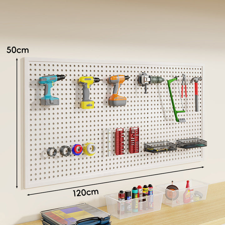 Wandmontiertes perforiertes Metall-Pegboard-Werkzeugorganisator-Panel mit modularen Haken und Aufbewahrungsbehältern