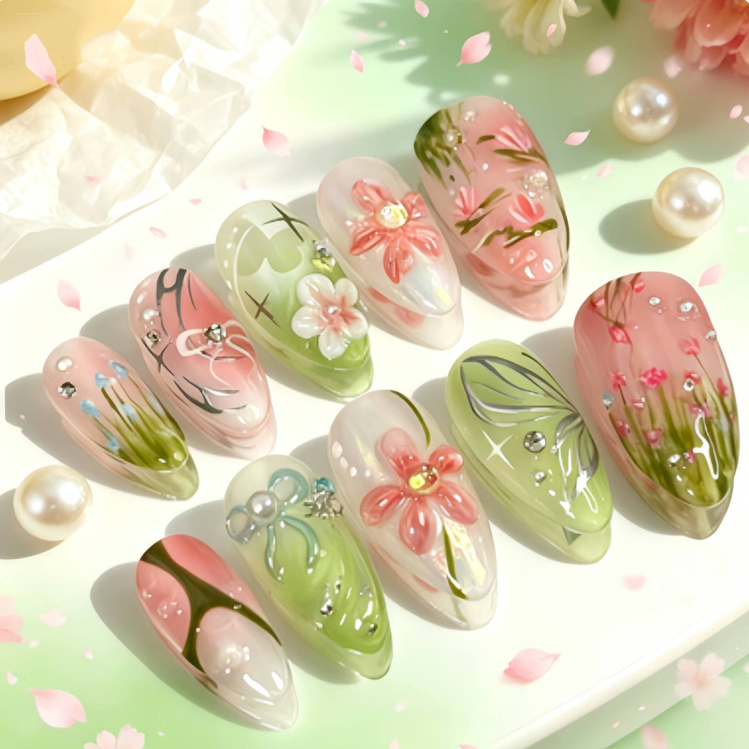Künstlerisches Blumen Design Press-On Nagelset Karnz