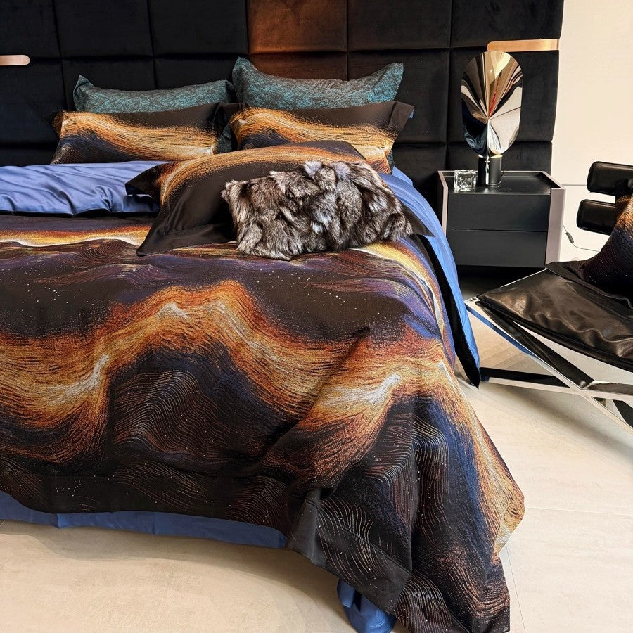 Premium Abstract Wave-Print Baumwollsatin Bettbezug Set mit Wendbarem Einfarbigem Rücken