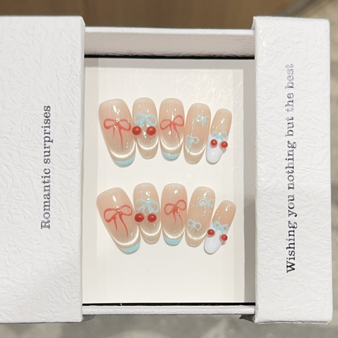 Künstliche Nagelspitzen mit Romantischen Schleifen- und Kirschenmotiven Karnz