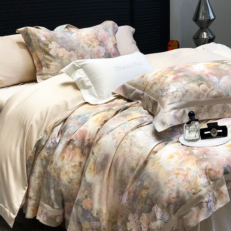 Bettwäsche-Set aus Baumwollsatin mit künstlerischem Aquarellmuster und dezenter Kedernaht