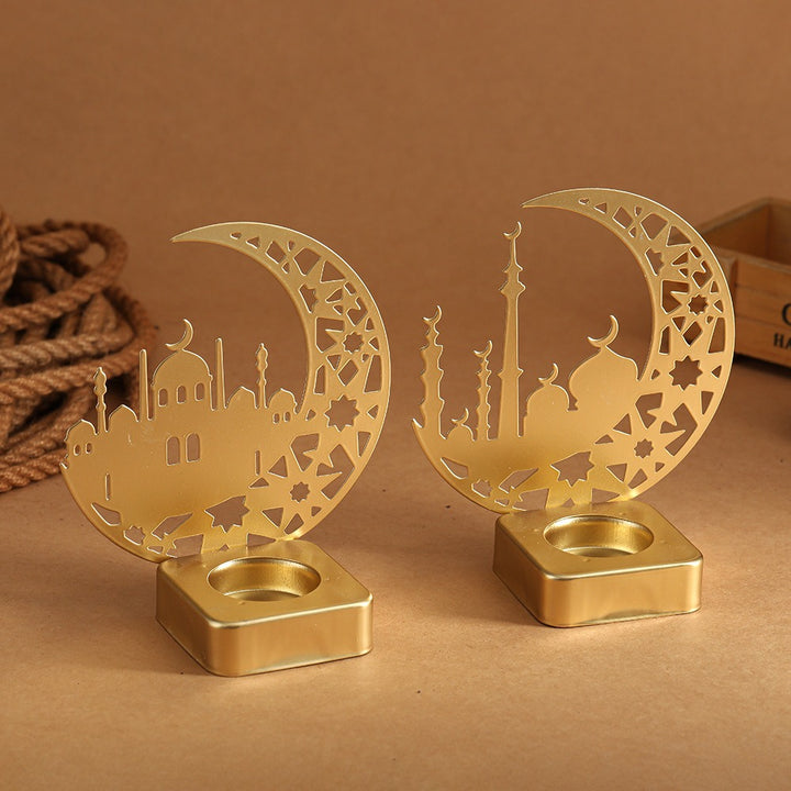 Crescent Silhouette Moschee Teelichtlaterne mit filigranem Metallfuß Karnz