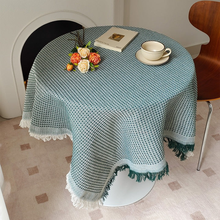 Runde texturierte Waffelgewebe-Fransen-Tischdecke mit Quastenrand
