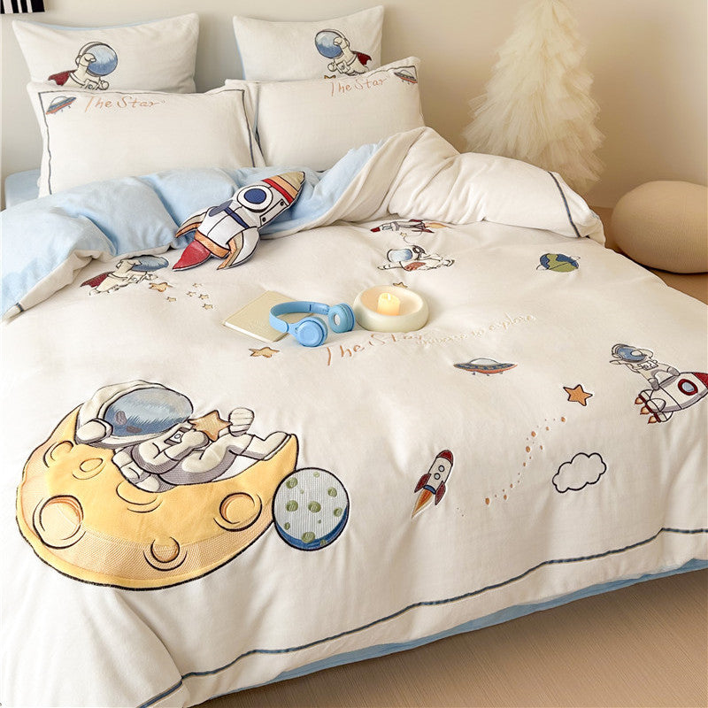 Kinder-Bettwäsche-Set aus softem Baumwoll-Mischgewebe mit gesticktem Astronauten- und Raketenmotiv