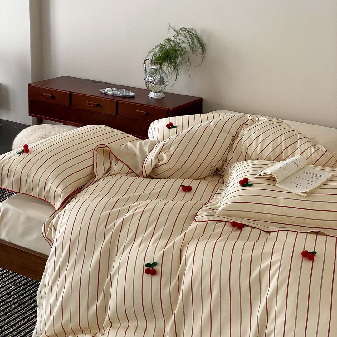 Striped Cotton Sateen Duvet Cover Set with Embroidered Cherry Appliqué and Piped Edge