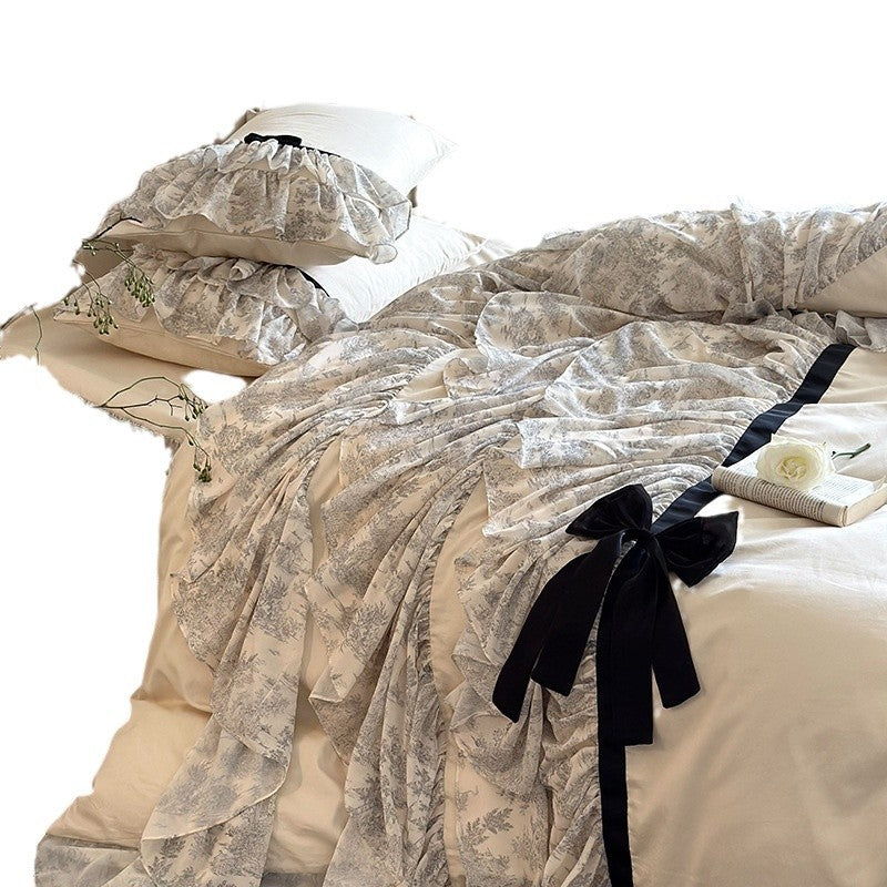 Romantisches Rüschendes Toile Baumwoll Bettbezug Set mit Dekorativer Samt Schleife & Rüschen Bettrock