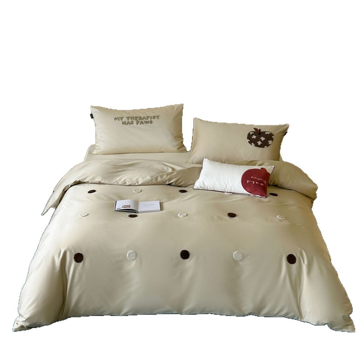 Bettwäsche-Set aus feinem Baumwollsatin mit gestickten Tupfen- und Apfel-Applikationen