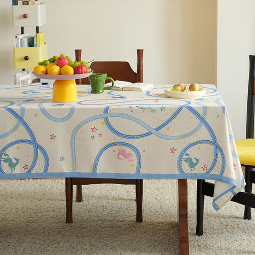 Rechteckige Baumwollmisch‑Tischdecke mit verspieltem Bahnen‑ und Tierprint