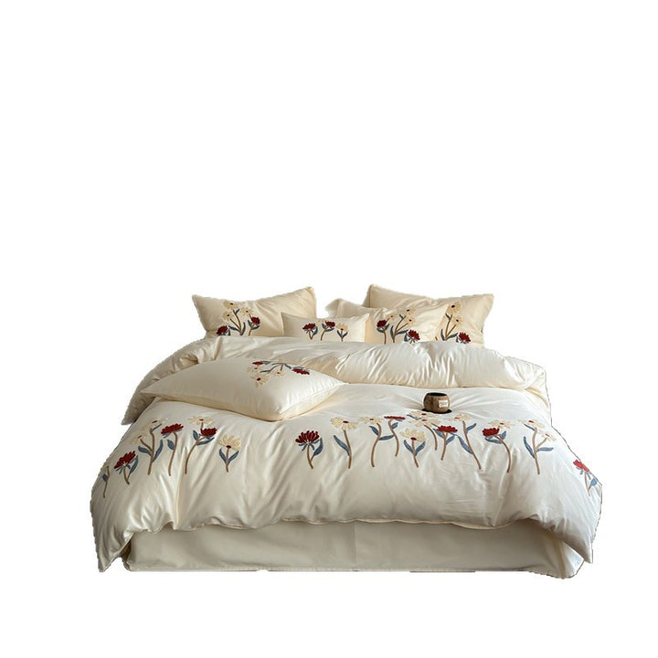 Bestickte botanische Baumwoll-Percale-Bettwäsche mit Applikationsblumen und Umschlagkissenbezügen