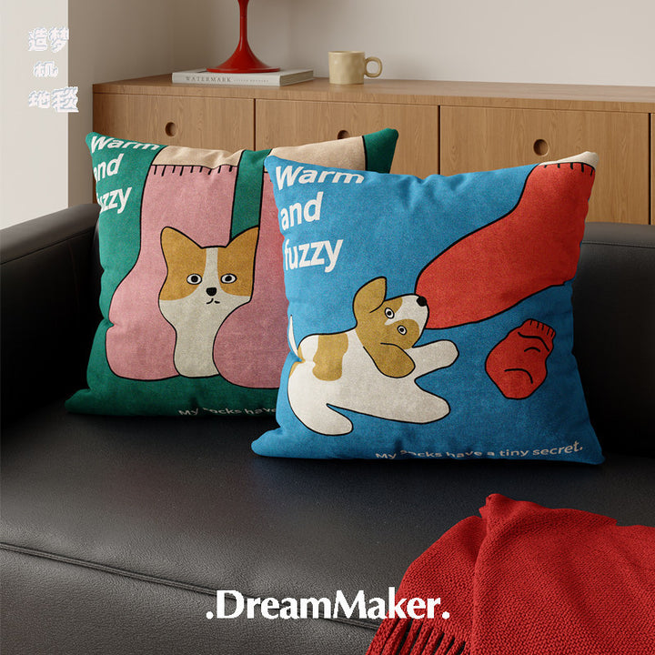 Plush Decorative Square Throw Pillow Cover with Cartoon Cat and Cozy Sock Illustration