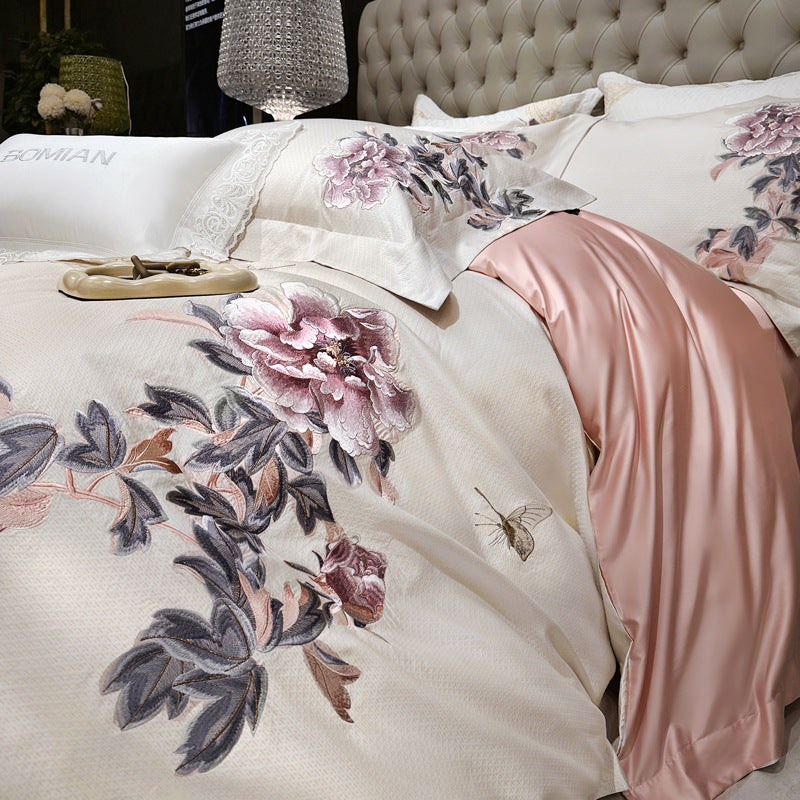 Besticktes Pfingstrosen-Jacquard-Bettbezug-Set mit satinierter Wende-Innenfutter und Spitzen-Oxford-Kissenbezügen