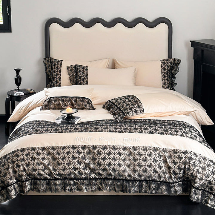Luxuriöses Wendbares Baumwollsatin-Bettwäscheset mit Jacquard-Bordüre und Volant