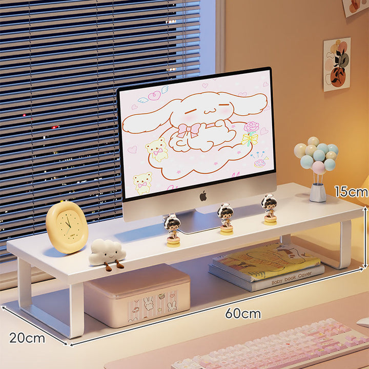 Kompakte Holz-Desktop-Monitorerhöhung mit Metallbeinen und unterer Ablagefläche