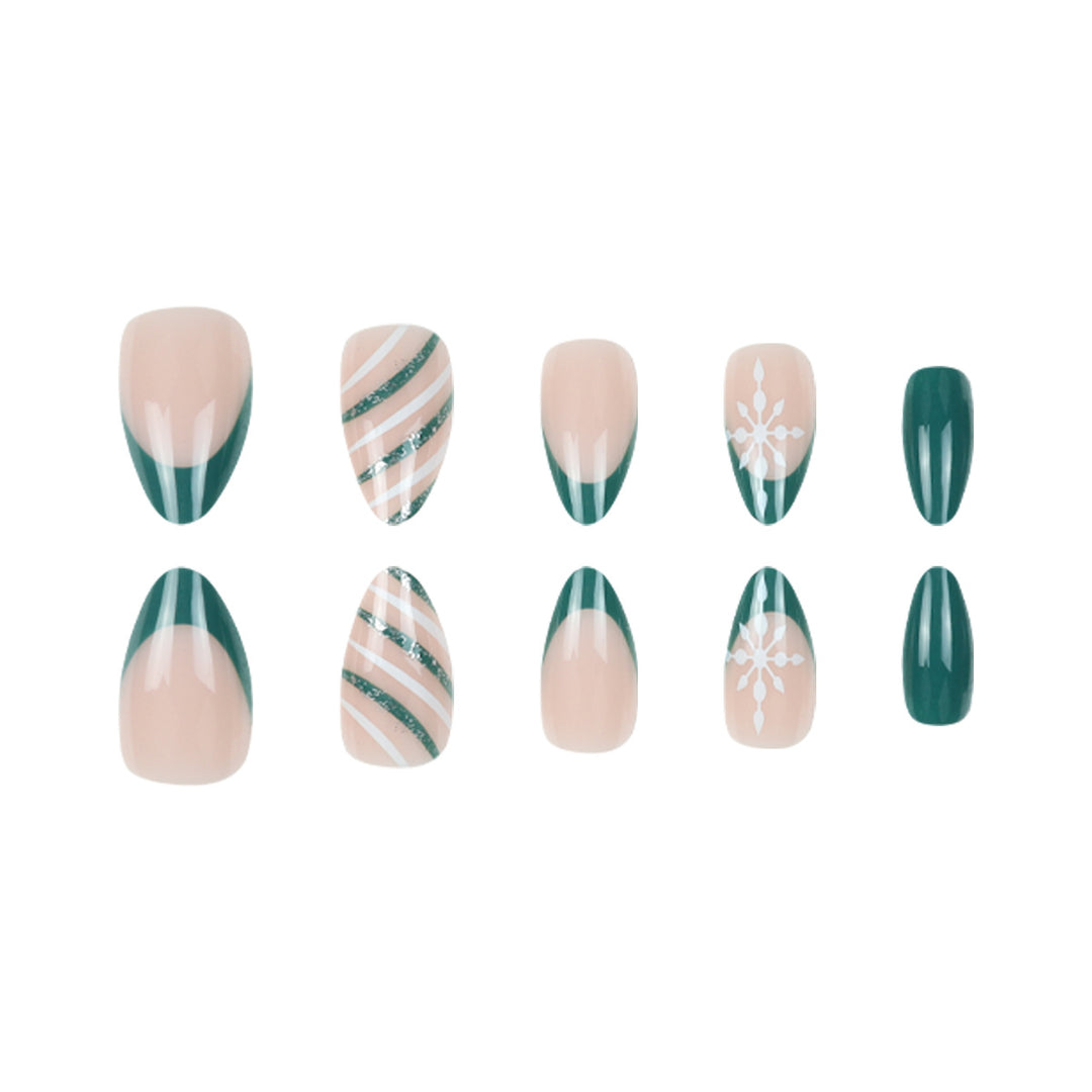 Premium Stiletto Press-On Nagelkunst Set mit Schneeflocken- und Streifendesign Karnz