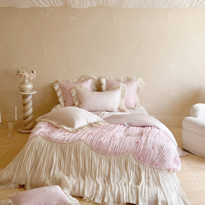 Luxuriöse Baumwoll-Leinen Bettwäsche-Garnitur mit Rüschen und floralem Vintage-Design
