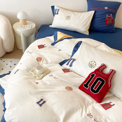 Basketball-Themen Kinder Bettwäsche Set mit Wendbarem Satin-Finish und Gestickten Jersey-Patches