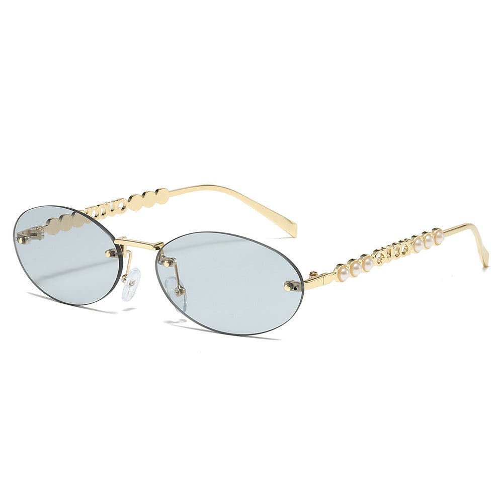 Damen modische Sonnenbrille mit ovalem Rahmen und perlenverzierten Bügeln Karnz