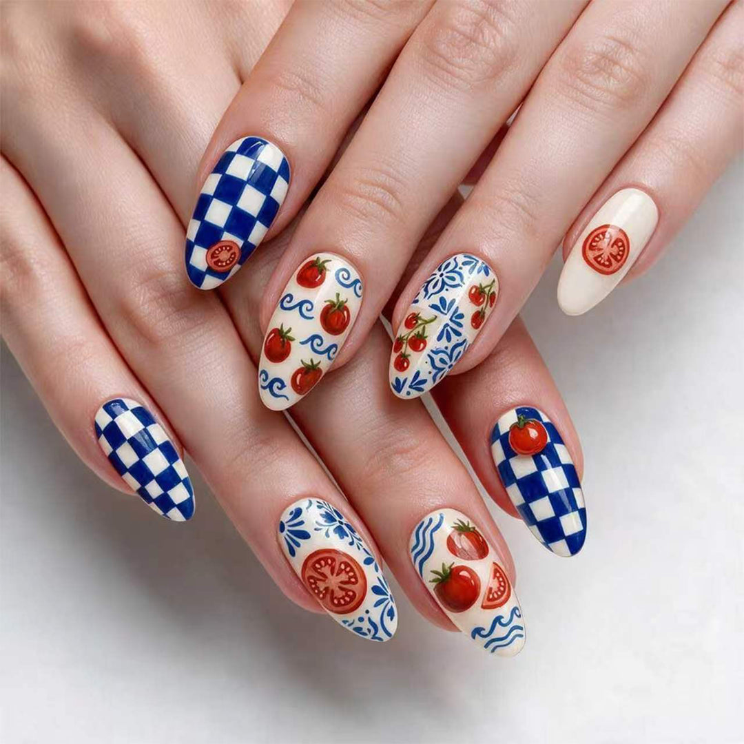 Kunstvolle Stiletto-Nägel mit fröhlichem Tomaten-Design Karnz