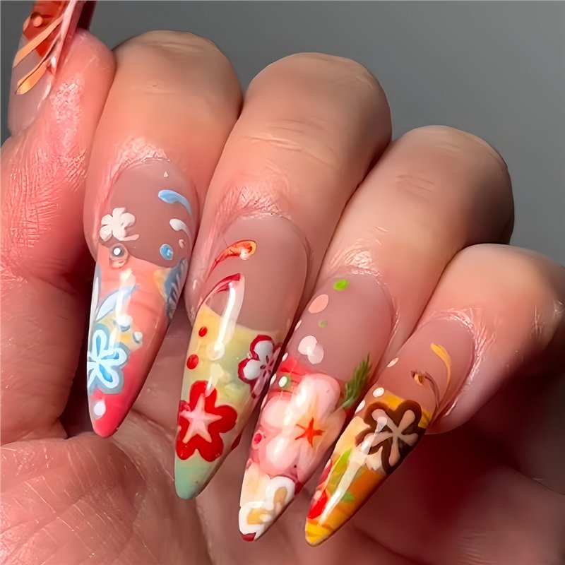 Künstlerische florale Stiletto Press-On Nägel Karnz