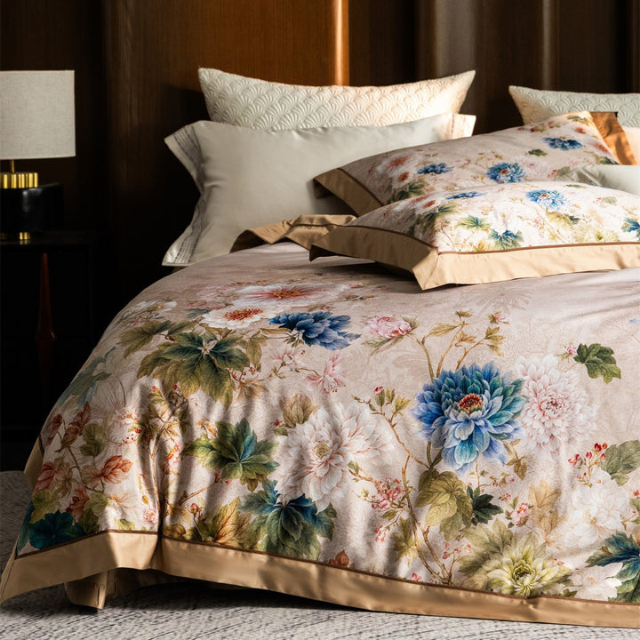 Luxuriöses Botanisches Jacquard-Satin-Bettdeckenbezug-Set mit Kontrastsaum und verdecktem Verschluss