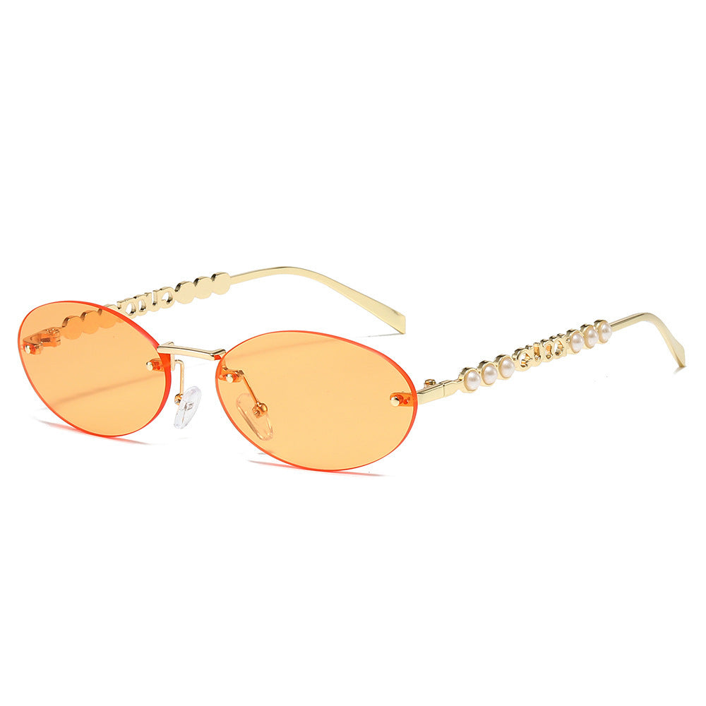 Damen modische Sonnenbrille mit ovalem Rahmen und perlenverzierten Bügeln Karnz