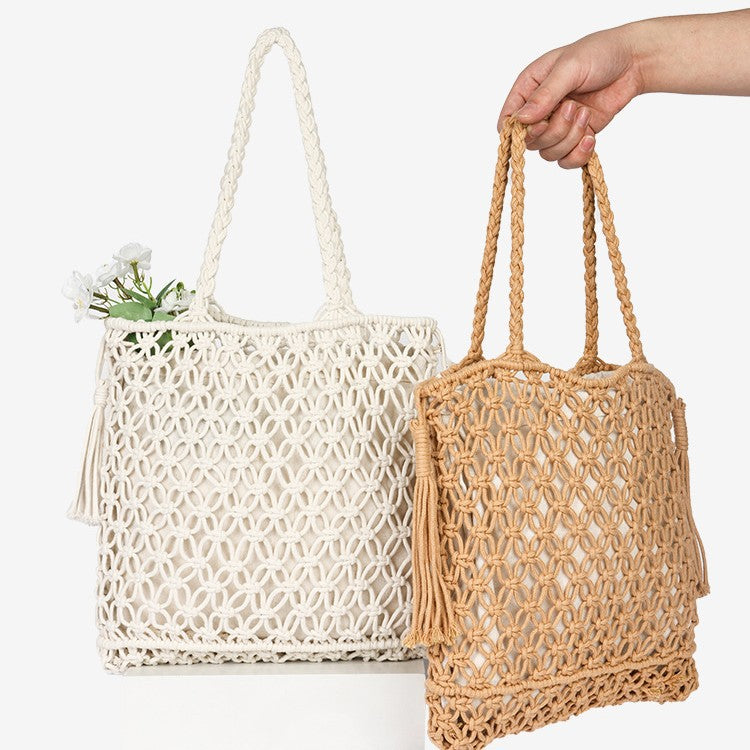 Damen Makramee Strandtasche mit eleganten Fransen Karnz