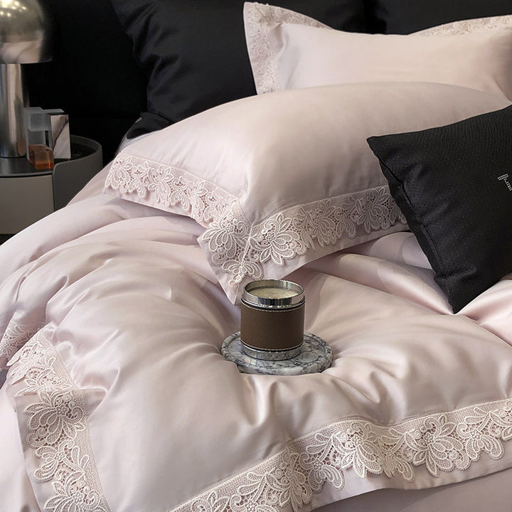 Luxuriöses Satin-Bettbezug-Set mit Spitzenbesatz