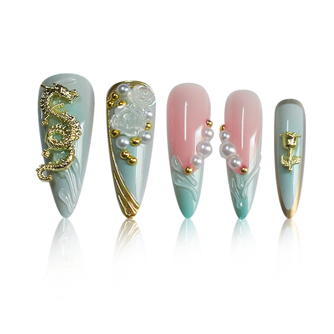 Luxuriöse Strass- und Blumen Druck-Nagelkunst Karnz