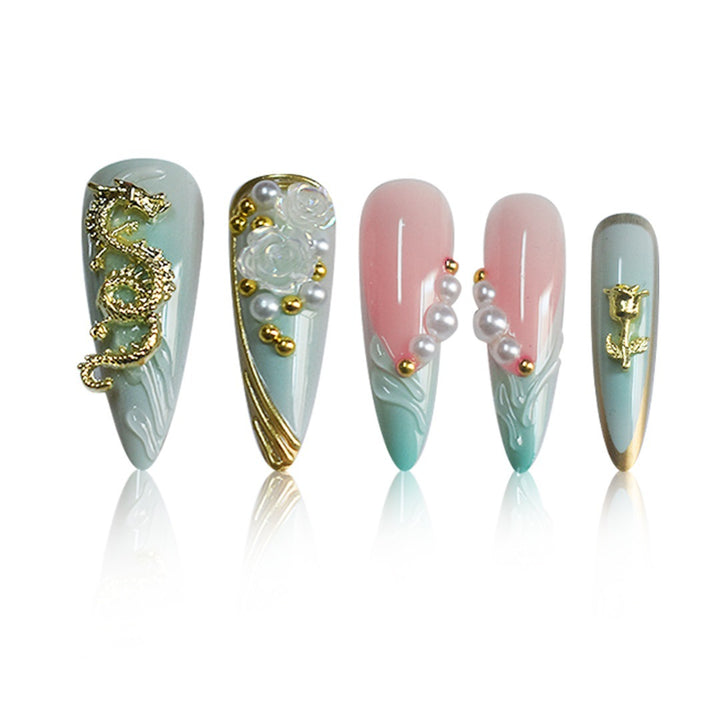 Luxuriöse Strass- und Blumen Druck-Nagelkunst Karnz