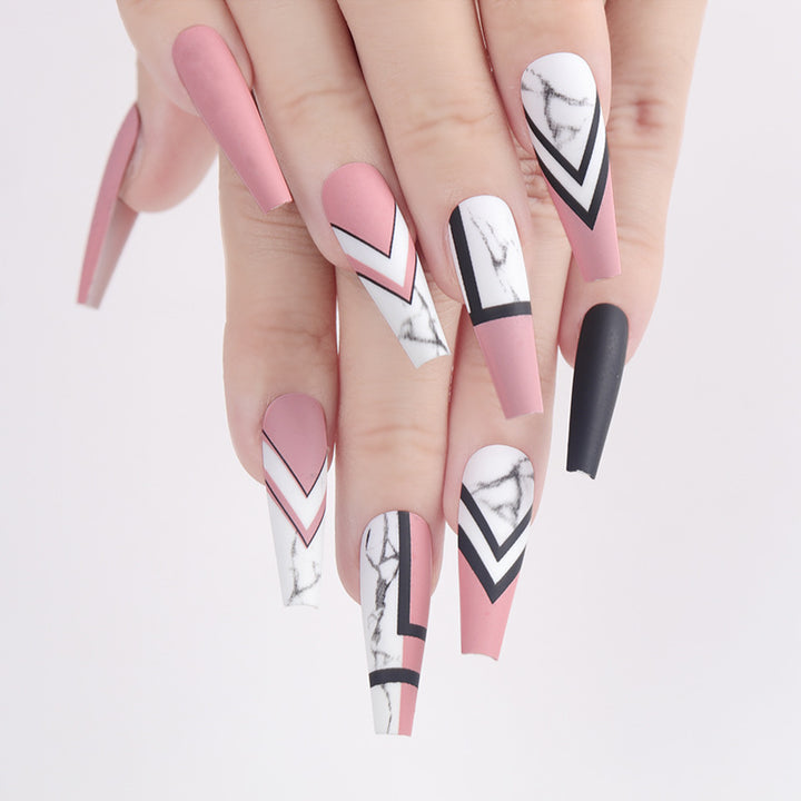 Künstlerisches Langes Stiletto Press-On Nails Set mit Geometrischen Mustern Karnz
