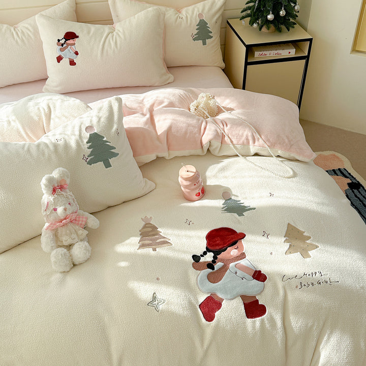 Plush Sherpa Embroidered Winter Cartoon Duvet Cover Set with Reversible Soft Lining and Pillow Shams