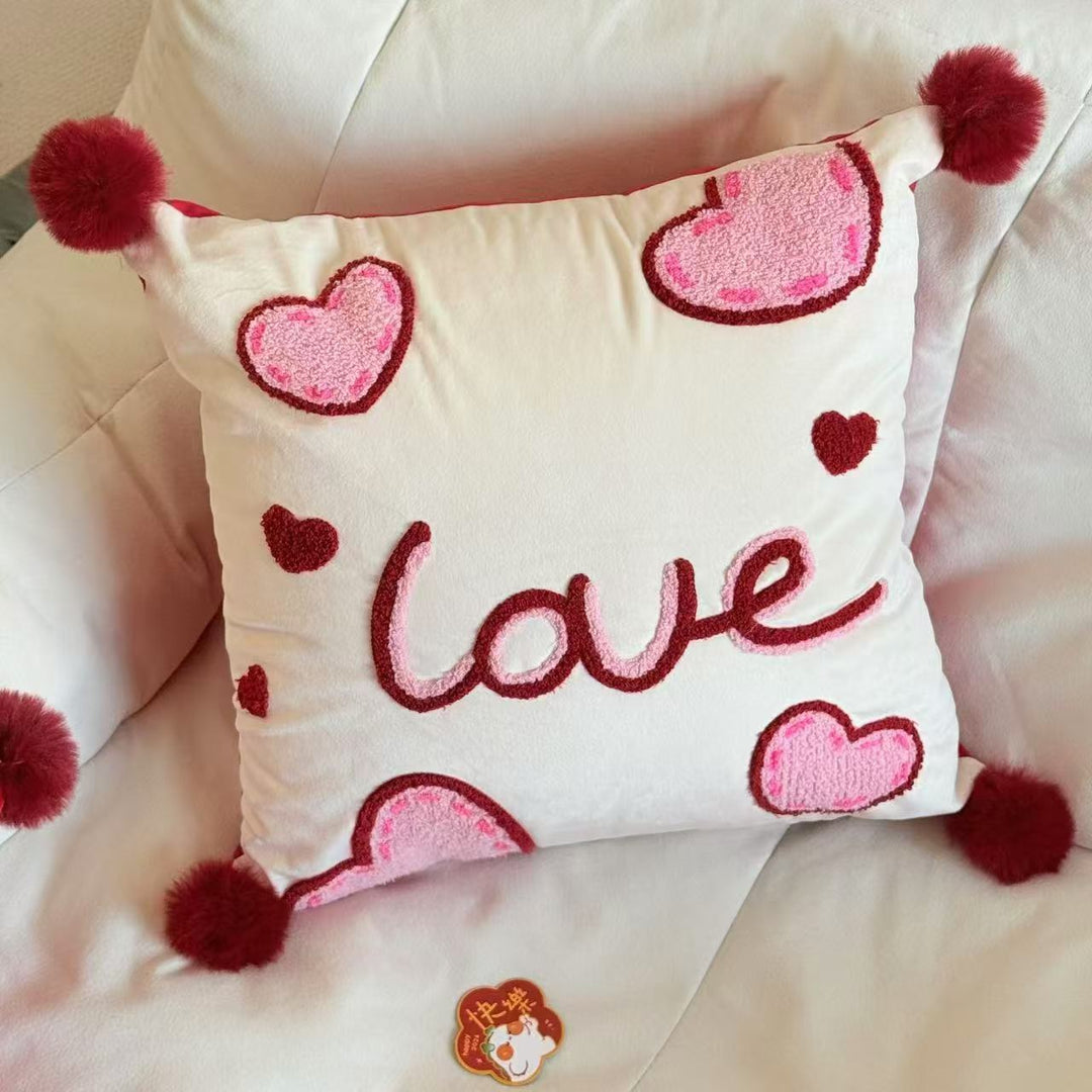 Buntes Chenille-geplüschtes quadratisches Wurfkissen mit plüschigen Pom-Pom-Ecken und abnehmbarem Einsatz