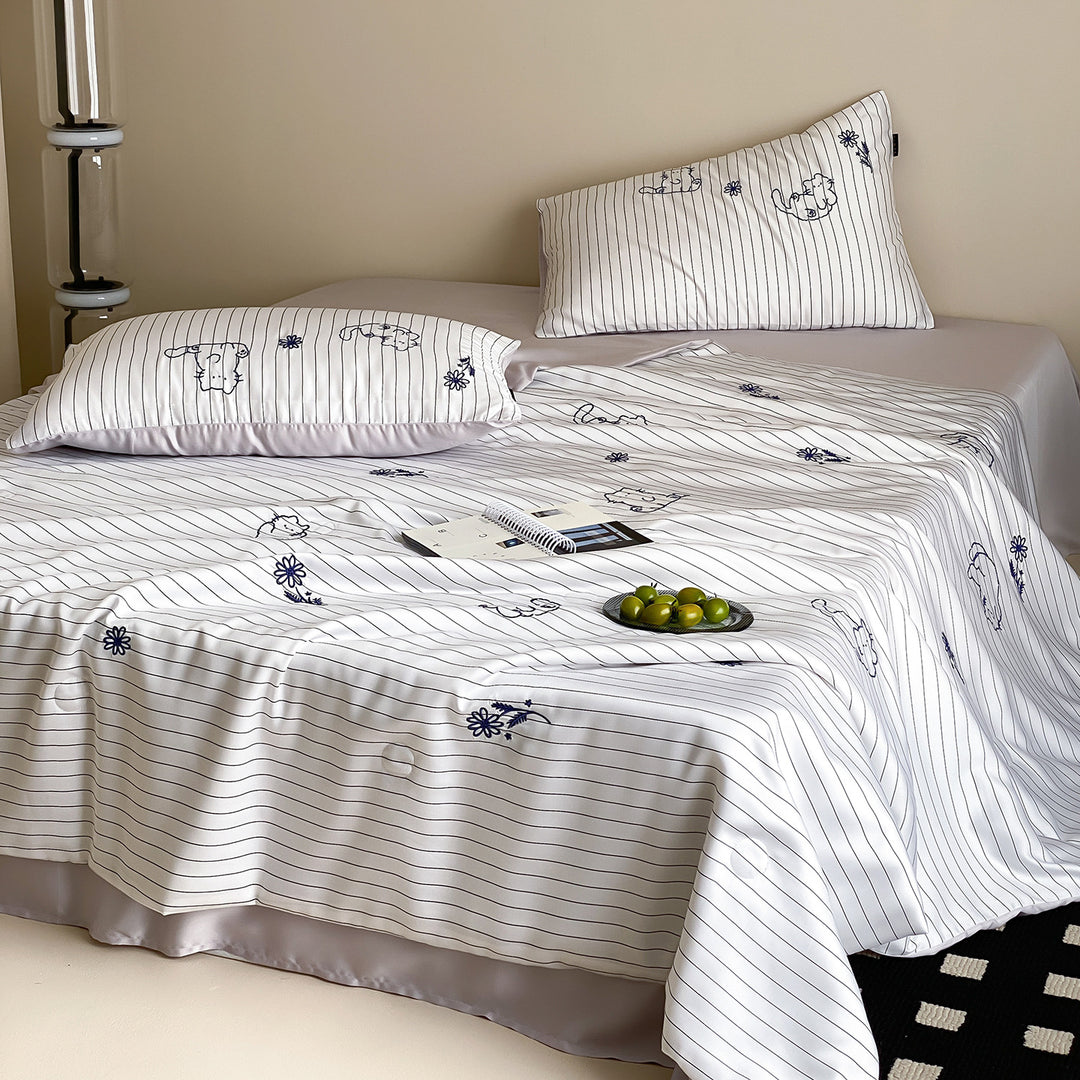 Striped Cotton Embroidered Bed Sheet Set with Pillowcases