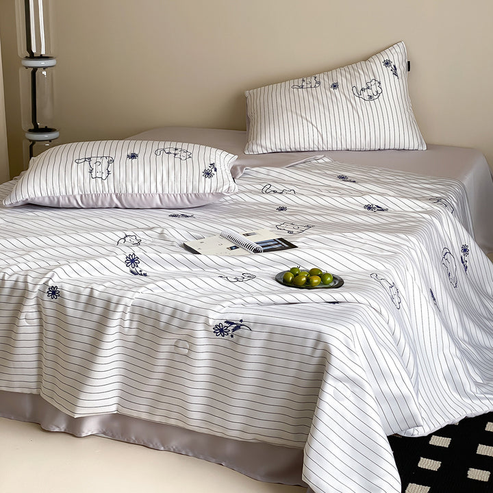 Striped Cotton Embroidered Bed Sheet Set with Pillowcases