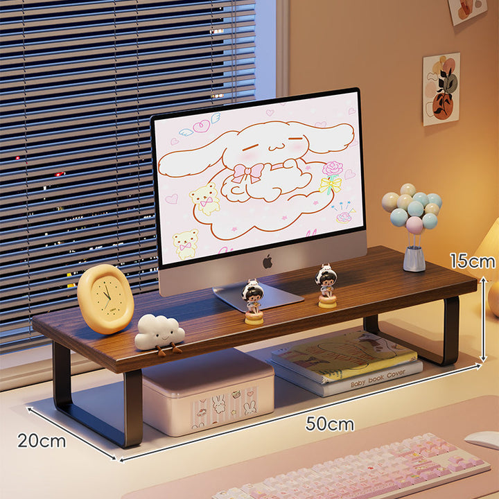 Kompakte Holz-Desktop-Monitorerhöhung mit Metallbeinen und unterer Ablagefläche